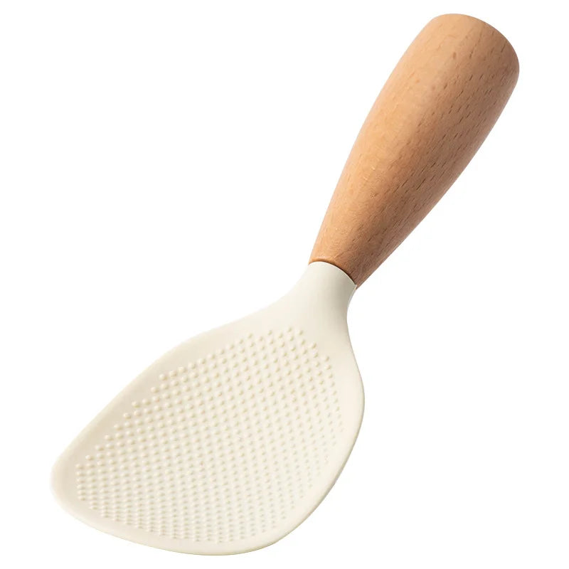1PC Wooden Handle Silicone Rice Spoon, Household Rice Cooker, Rice Spoon, High Temperature Resistant, Non Stick Rice Spoon