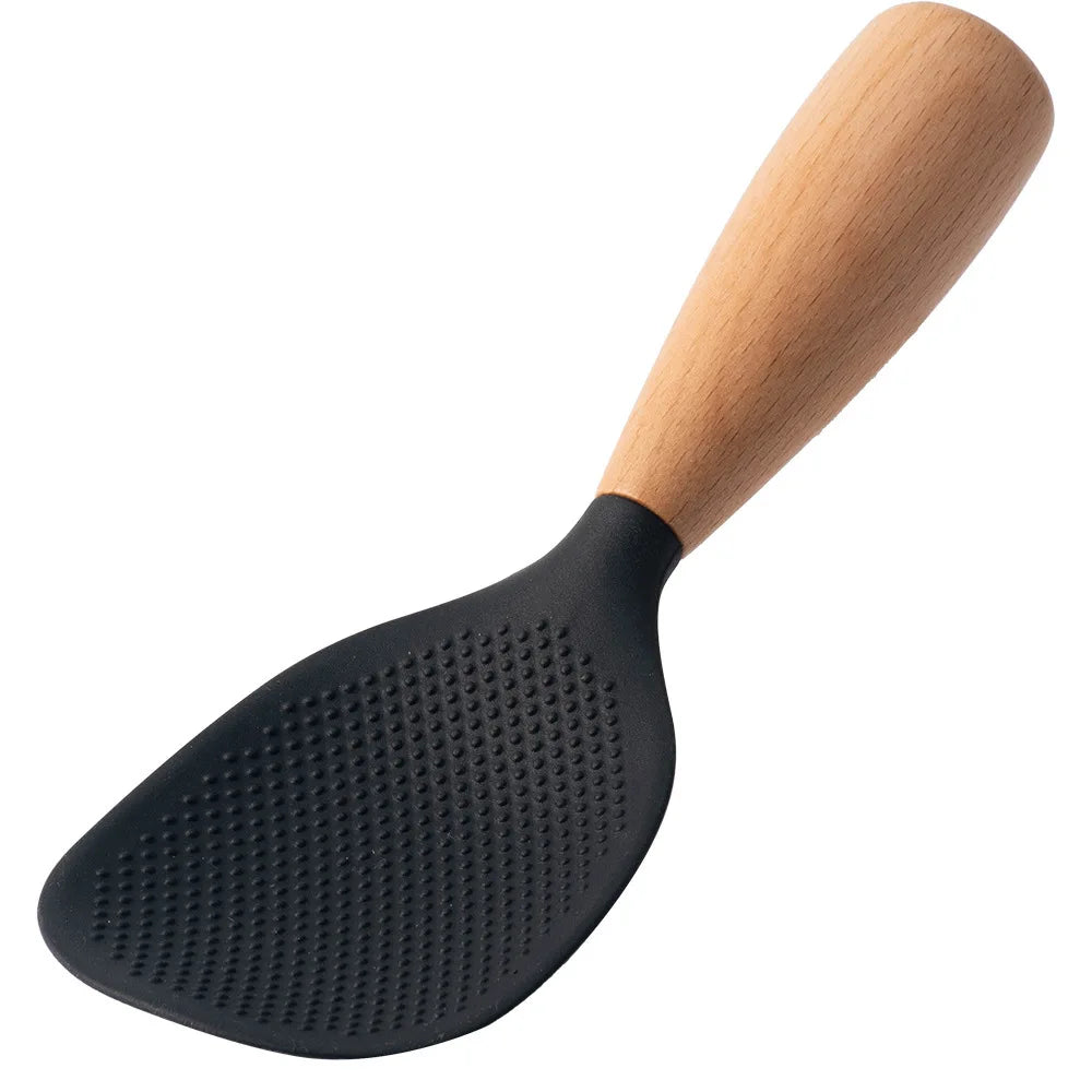 1PC Wooden Handle Silicone Rice Spoon, Household Rice Cooker, Rice Spoon, High Temperature Resistant, Non Stick Rice Spoon