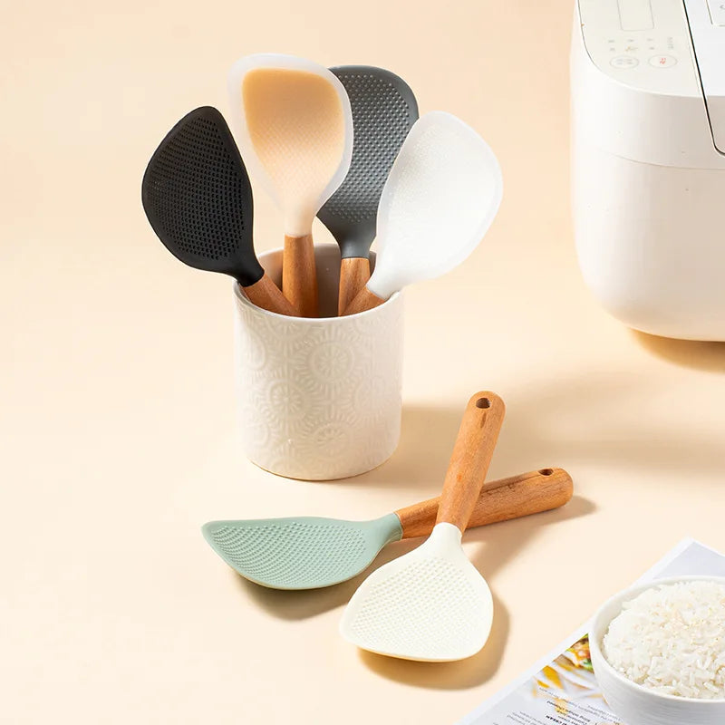 1PC Wooden Handle Silicone Rice Spoon, Household Rice Cooker, Rice Spoon, High Temperature Resistant, Non Stick Rice Spoon