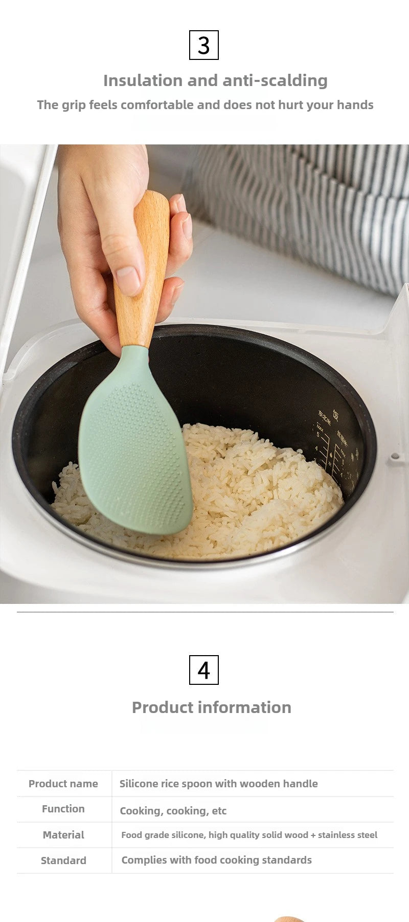1PC Wooden Handle Silicone Rice Spoon, Household Rice Cooker, Rice Spoon, High Temperature Resistant, Non Stick Rice Spoon