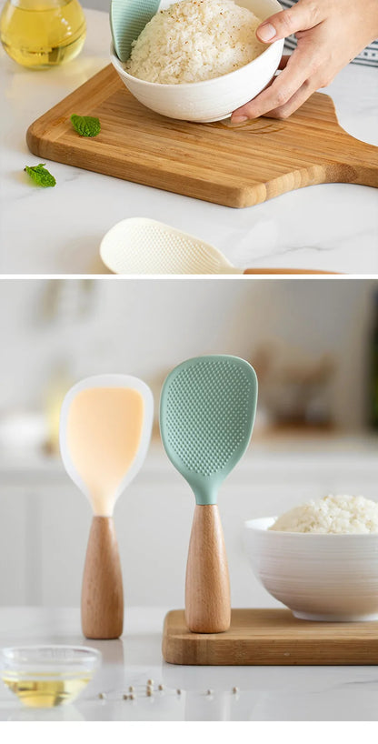 1PC Wooden Handle Silicone Rice Spoon, Household Rice Cooker, Rice Spoon, High Temperature Resistant, Non Stick Rice Spoon