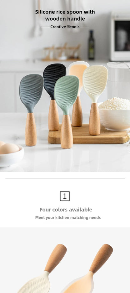1PC Wooden Handle Silicone Rice Spoon, Household Rice Cooker, Rice Spoon, High Temperature Resistant, Non Stick Rice Spoon