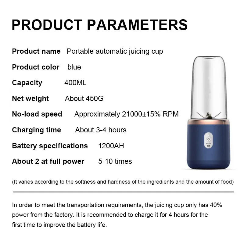 Electric Juicer 6 Blades USB Smoothie Blender Portable Wireless Mini Charging Fruit Squeezer Ice Crush Cup Kitchen Tool