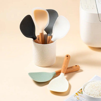 1PC Wooden Handle Silicone Rice Spoon, Household Rice Cooker, Rice Spoon, High Temperature Resistant, Non Stick Rice Spoon