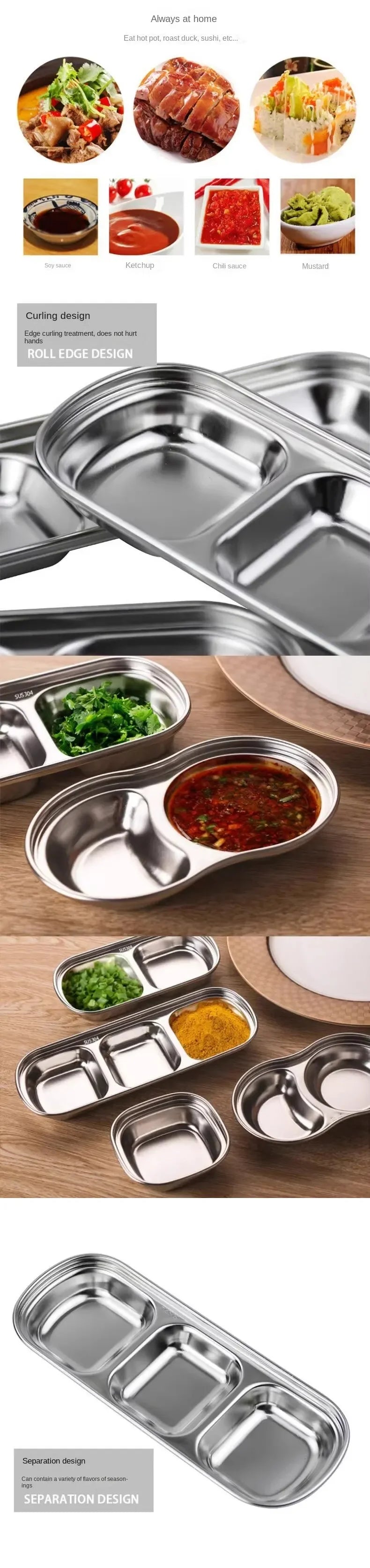 Stainless Steel 3-compartment Dip Tray Seasoning Sauce Seasoning Tray BBQ Restaurant Cutlery