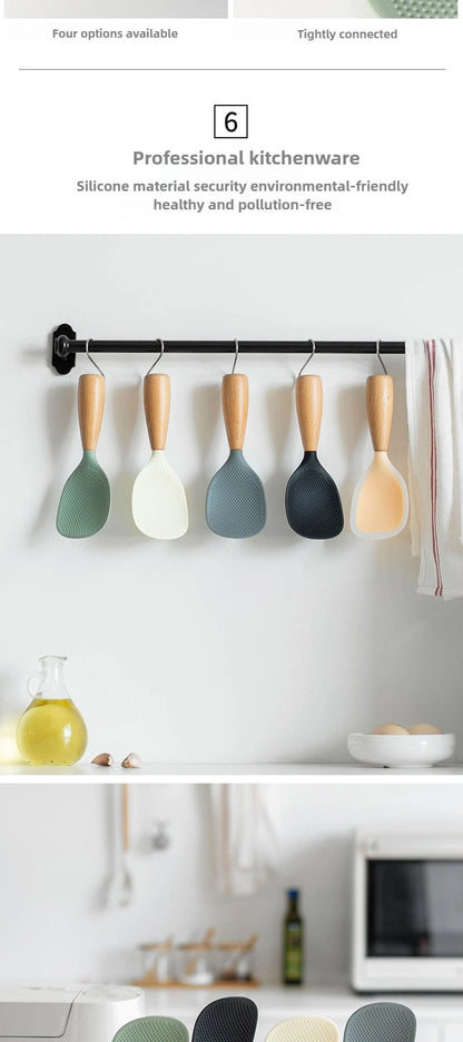 1PC Wooden Handle Silicone Rice Spoon, Household Rice Cooker, Rice Spoon, High Temperature Resistant, Non Stick Rice Spoon