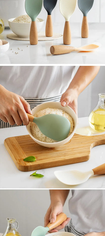 1PC Wooden Handle Silicone Rice Spoon, Household Rice Cooker, Rice Spoon, High Temperature Resistant, Non Stick Rice Spoon